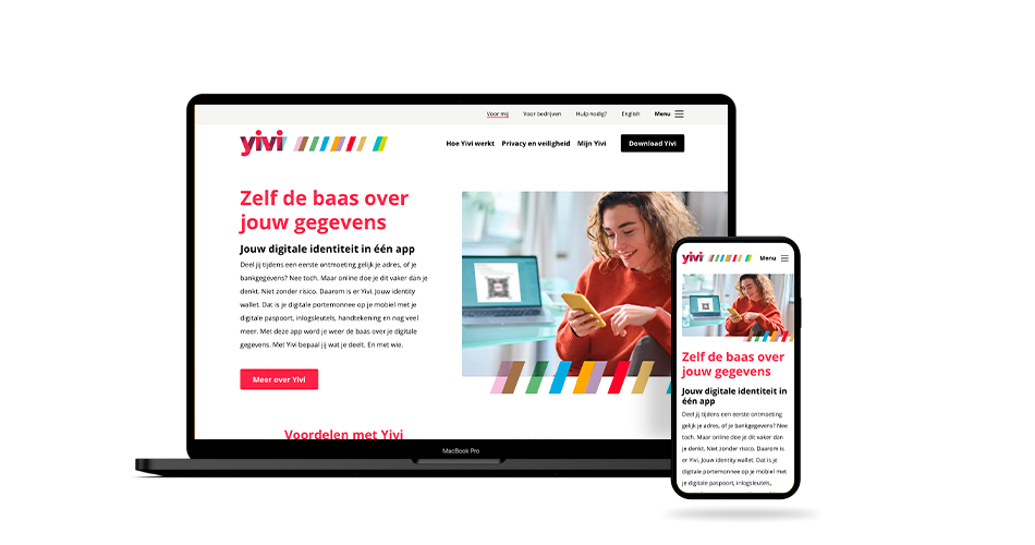 Website Yivi op een laptop scherm, en op een mobiele telefoon